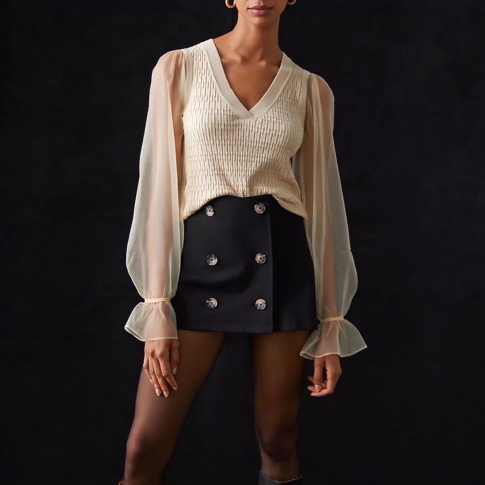Anthropologie Maeve Sheer Puff Sleeve Cable Knit Sweater Blouse